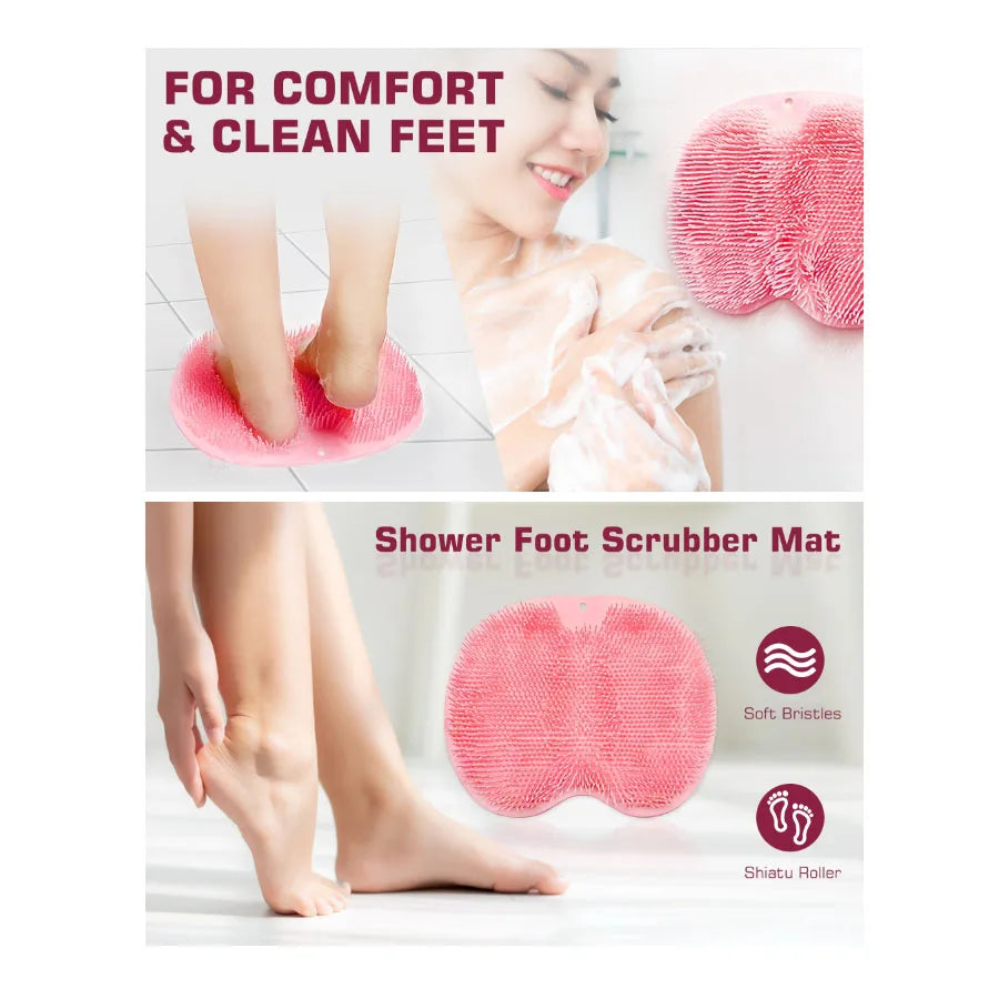A pink shower foot scrubber mat is shown being used on a person's feet for comfort and clean feet.