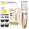 A white ceramic blade 9D hair clipper set including a charging cable brush and various limiters and sponge.