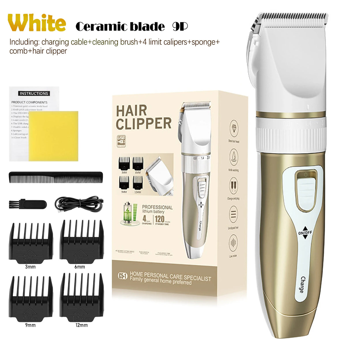 A white ceramic blade 9D hair clipper set including a charging cable brush and various limiters and sponge.