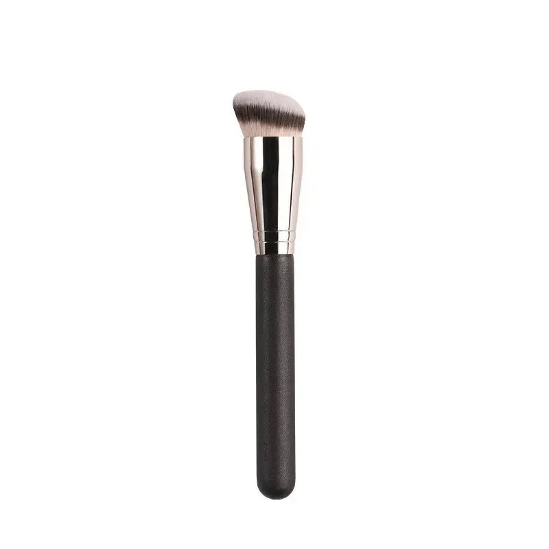 A professional makeup brush set with a silver ferrule and a natural hair brush on a black handle.