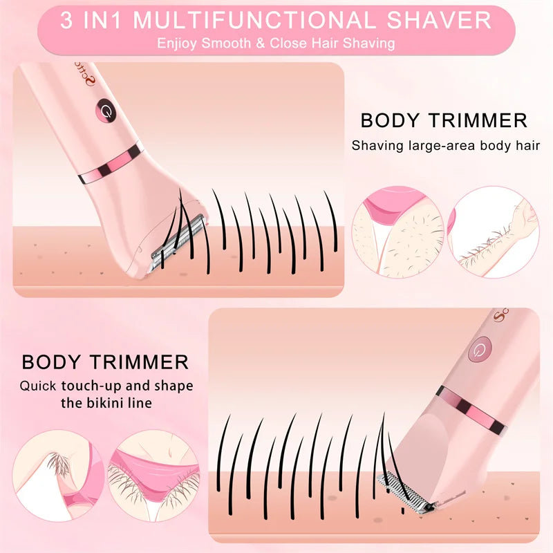 A pink multifunctional shaver used for body trimming and shaping the bikini line.