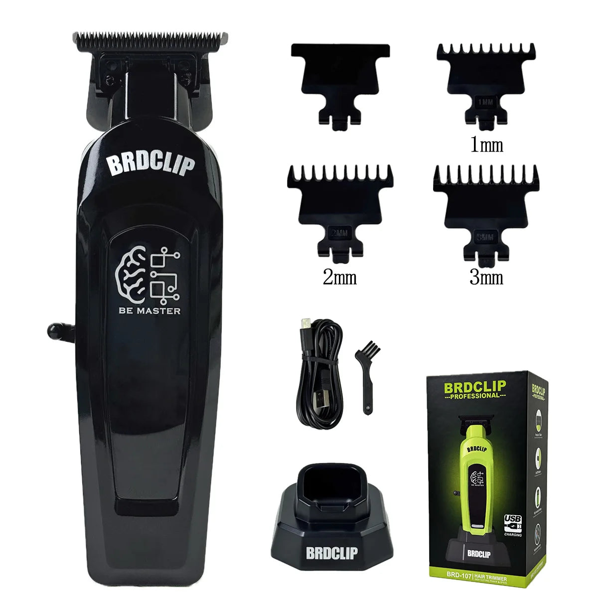 Black BRDCLIP professional electric hair trimmer with various guard attachments and packaging.
