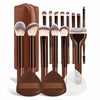A set of seventeen professional makeup brushes and a brown travel bag are displayed.