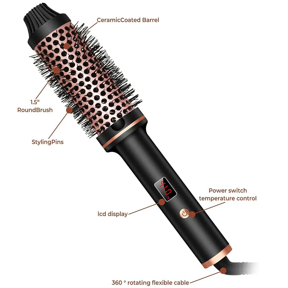A close-up view of a black ceramic heated curling iron with a round brush and lcd display.