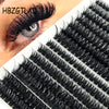 Close-up of a woman's eye showing a dense set of black mixed tray false eyelashes applied for natural enhancement.