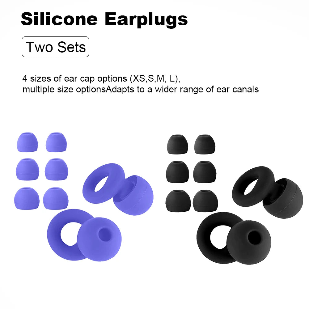 Collection de bouchons d'oreille en silicone violets et noirs de différentes tailles, y compris des caps et des moules.