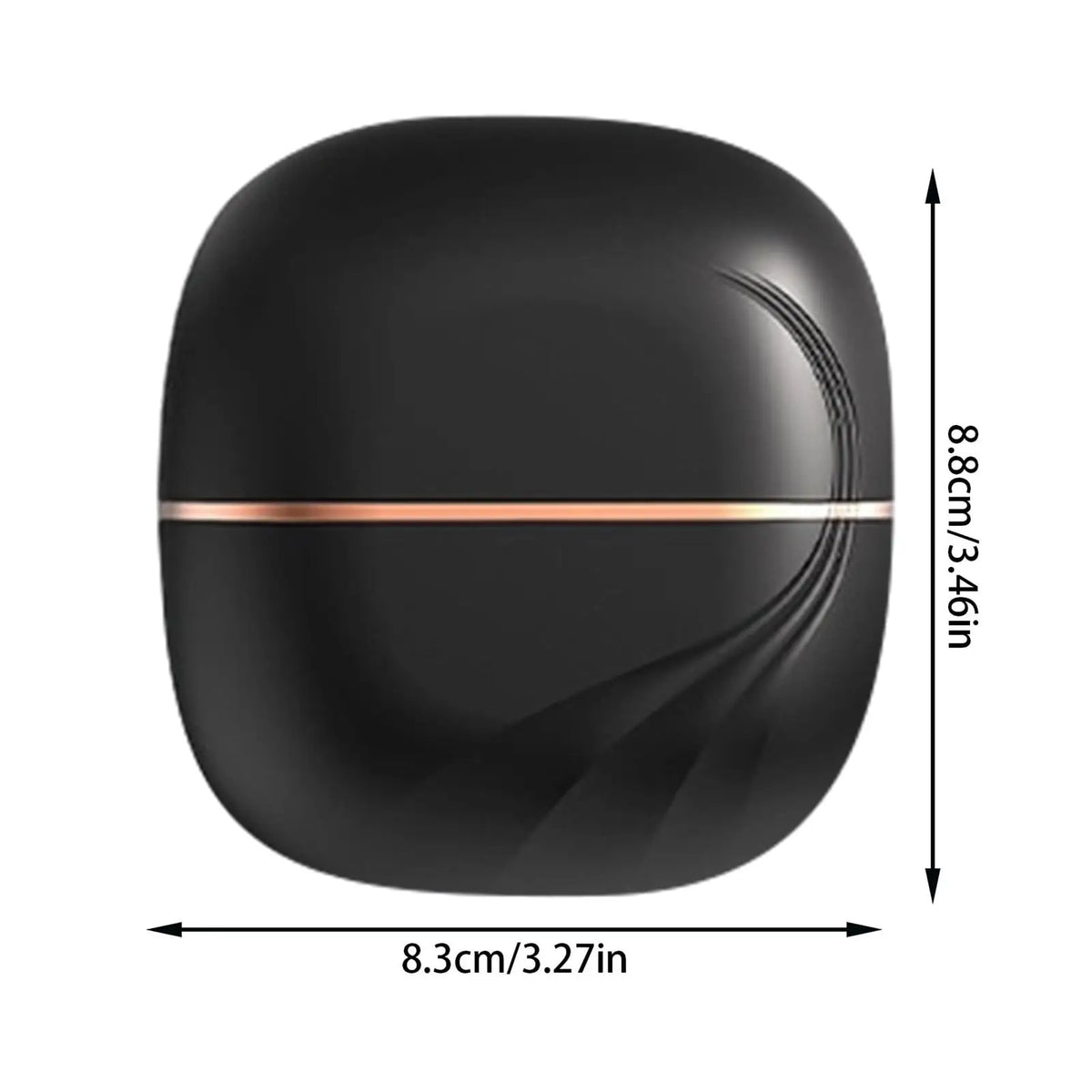 A black portable mini hair straightener with a rounded design shown from above.