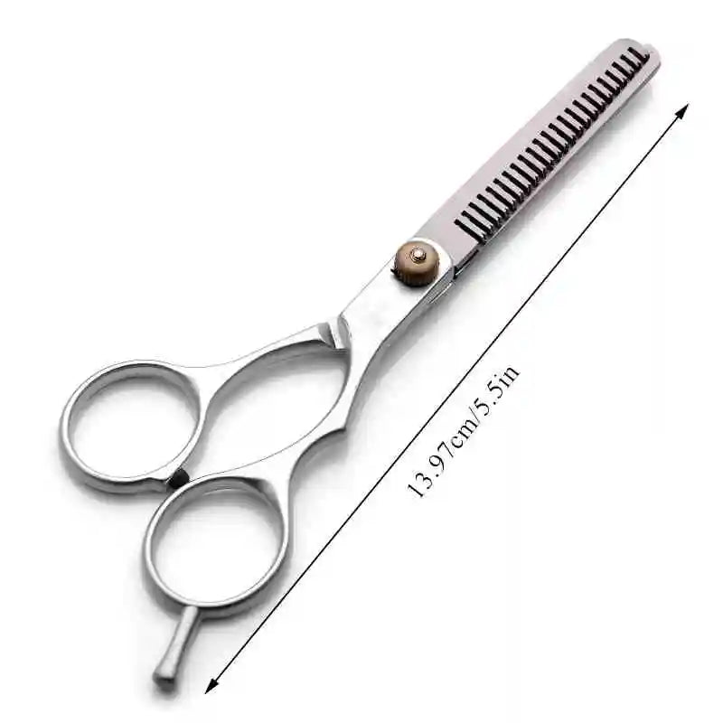 A pair of professional 6-inch barber scissors and thinning shears set with a wooden handle, shown against a white background.
