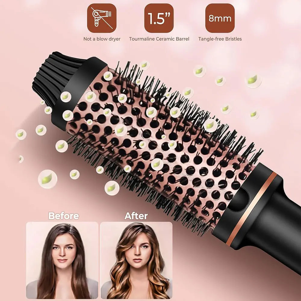 A close-up of a black ceramic curling iron with pink bristles, showing before and after hair styling results.