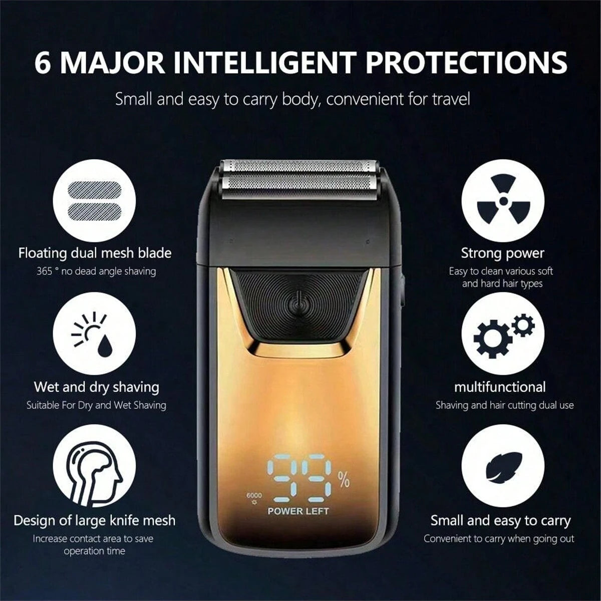A close-up view of a gold and black electric double-blade hair shaver with various protection features displayed.
