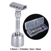 A silver double edge safety razor set including the razor, five blades, box, and base.