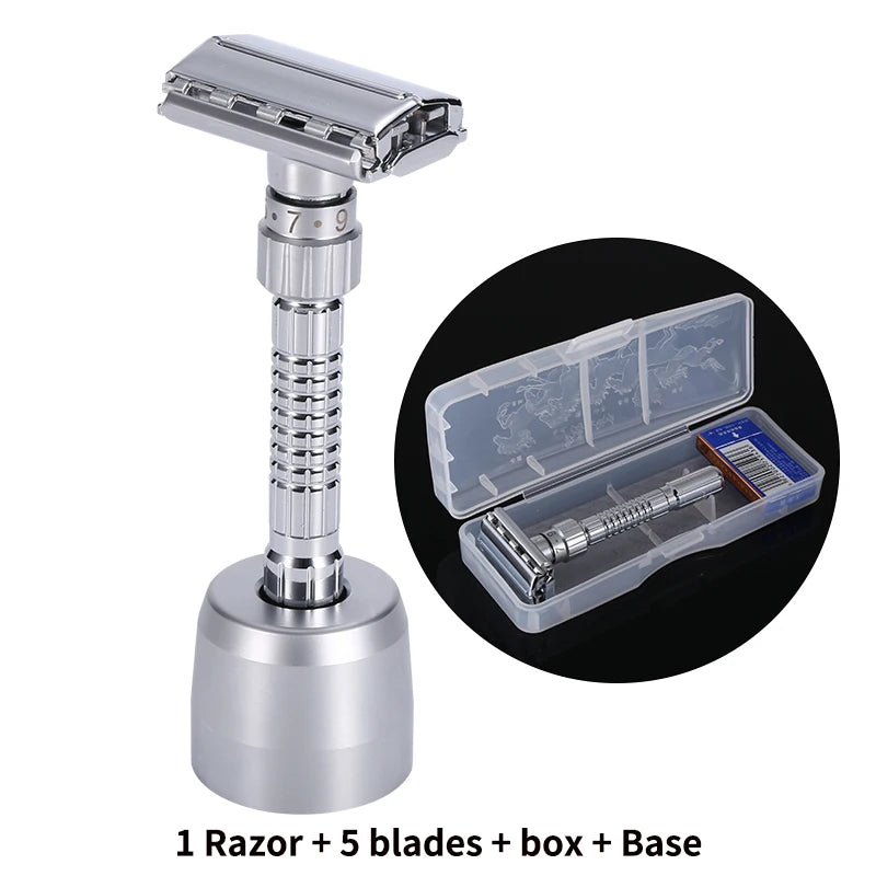 A silver double edge safety razor set including the razor, five blades, box, and base.