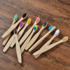 Une collection de dix brosses à dents en bambou écologiques aux poils de différentes couleurs, posées sur une surface en bois