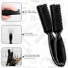 A set of black professional barber hair cutting and styling accessories including combs and brushes.