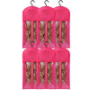Three pink mesh wig storage bags with metal hangers for storing wigs
