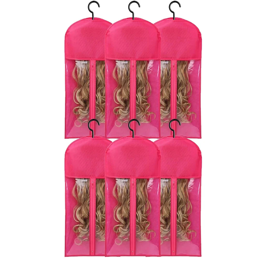 Three pink mesh wig storage bags with metal hangers for storing wigs