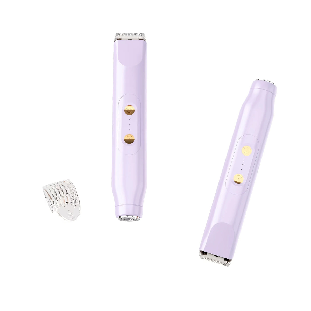 A long, slender purple portable electric shaver epilator with multiple grooming attachments.
