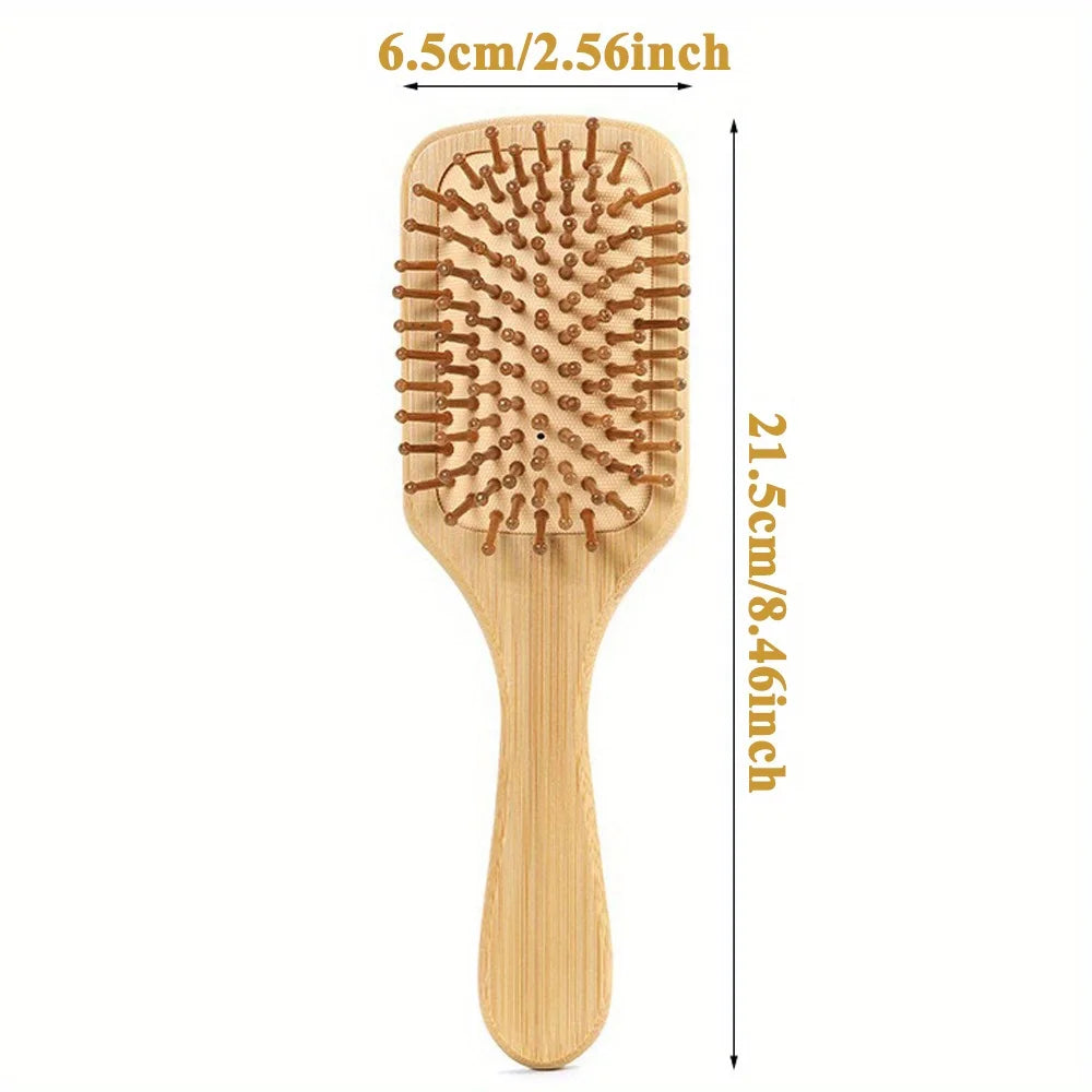 A wooden bamboo comb with numerous bristles used for scalp and hair growth.