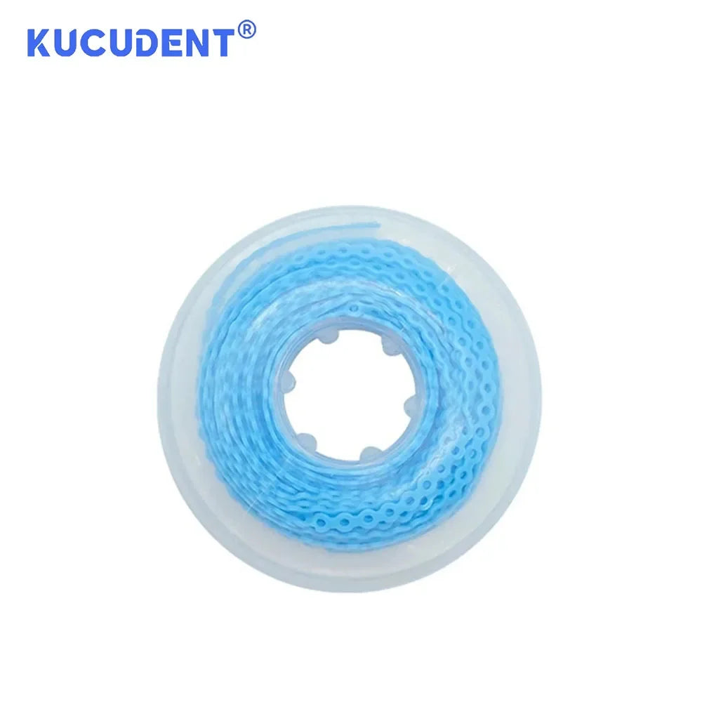 A spool of blue dental orthodontic power chain elastic rubber bands.