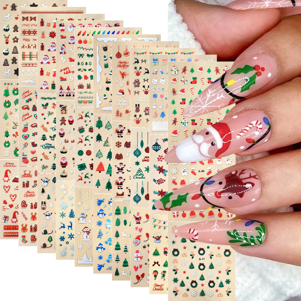 A collection of Christmas Santa Claus 3D nail art stickers with glitter designs for nail decoration.