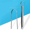 A stainless steel tongue scraper set shown against a blue background.