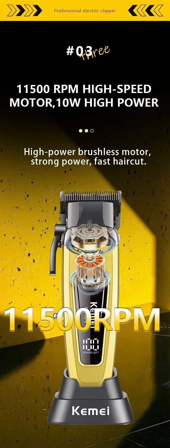 A yellow and black Kemei high-speed electric hair clipper motor and body shown against a dark background.