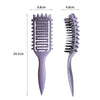 Set de cepillo para peinado de tres en uno de color morado para definición de rizos, con dimensiones.