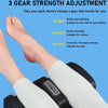 A person's foot is shown wearing a white heated shiatsu massager for deep tissue relief.