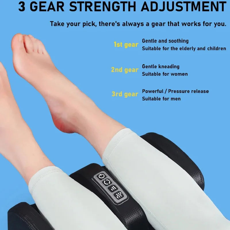 A person's foot is shown wearing a white heated shiatsu massager for deep tissue relief.