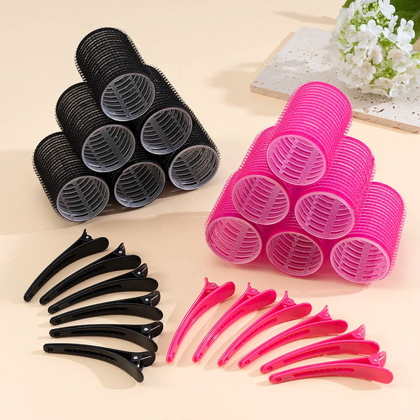 A set of black and pink self-grip hair rollers for creating heatless curls and volume.
