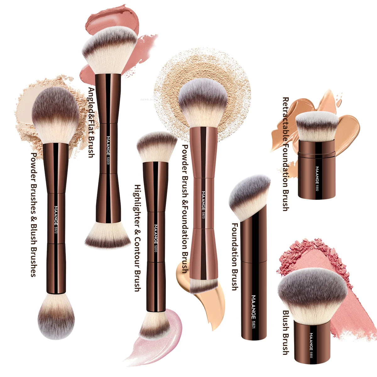 A set of MAANGE makeup brushes including powder, blush, and foundation brushes shown in various angles.