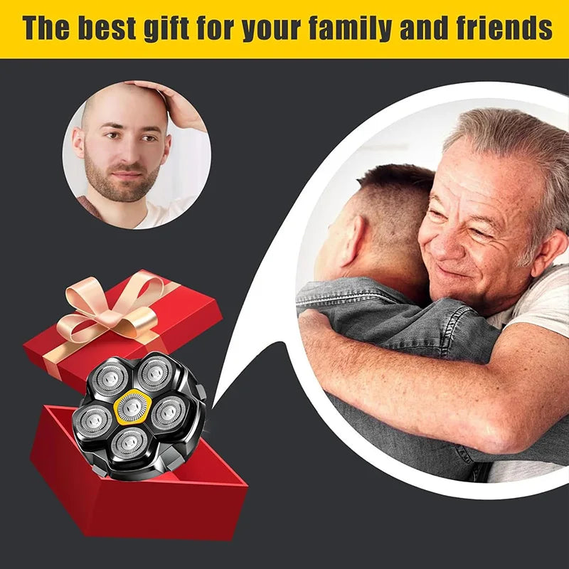 A man smiling while receiving a gift box containing magnetic replacement shaving heads for electric shavers.