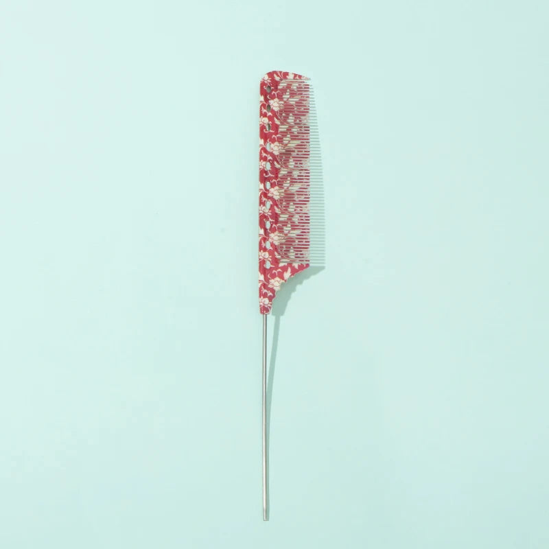 A set of anti-static rat tail combs with a red and white pattern displayed against a light blue background.
