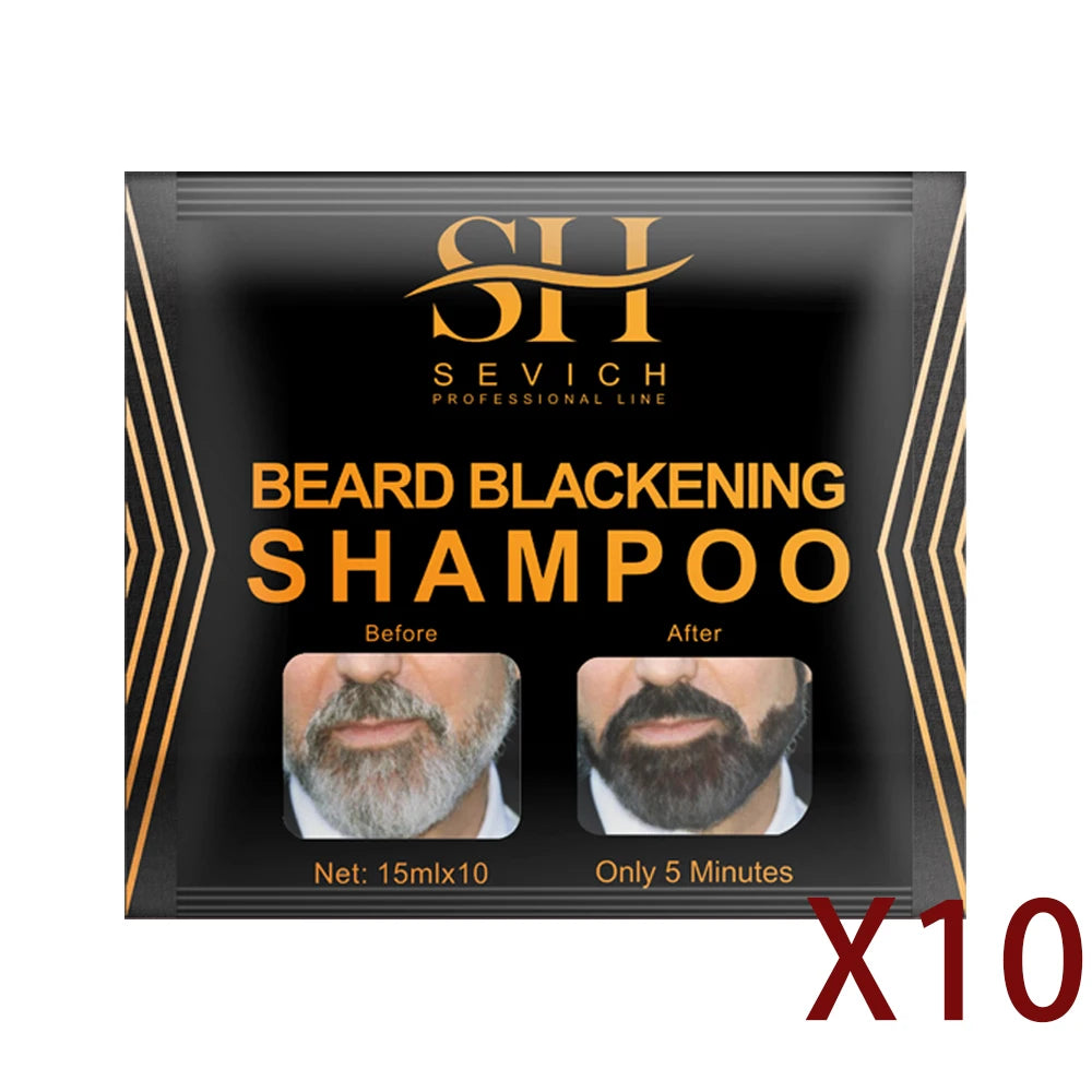 Packaging for Sevich Beard Blackening Shampoo showing before and after results.