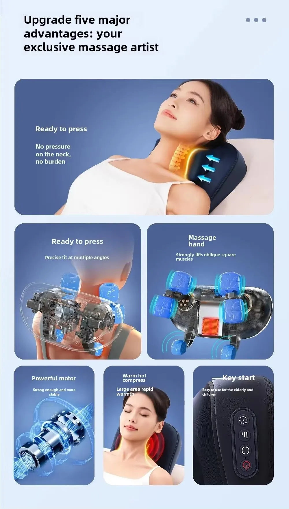 An electric massage pillow is shown with various features including a headrest, massage hand, motor, and key start button.