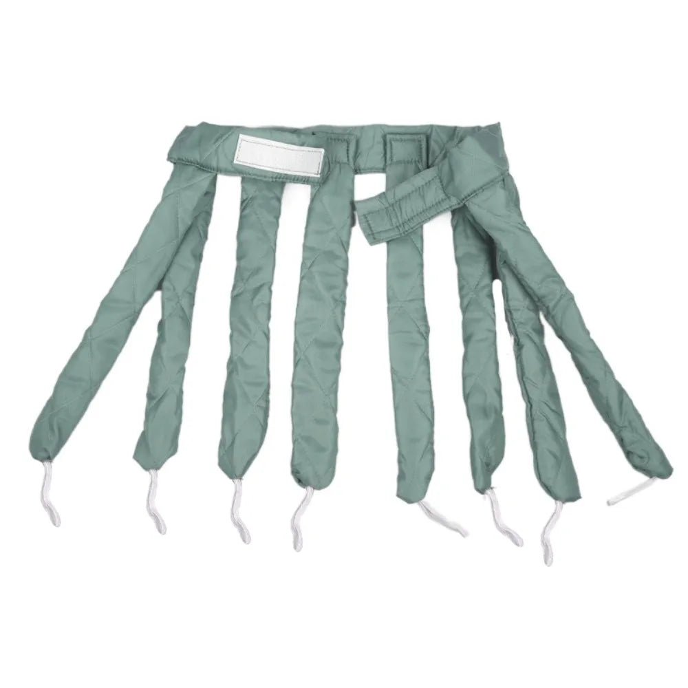 A set of green removable heatless hair curlers for overnight styling.