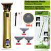 A gold-colored electric hair trimmer with a power indicator, along with various attachments and packaging.