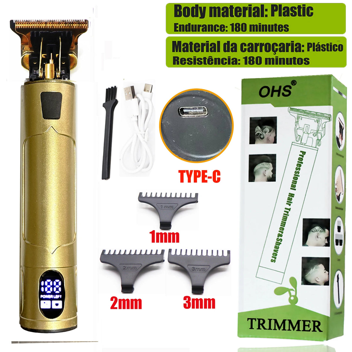 A gold-colored electric hair trimmer with a power indicator, along with various attachments and packaging.
