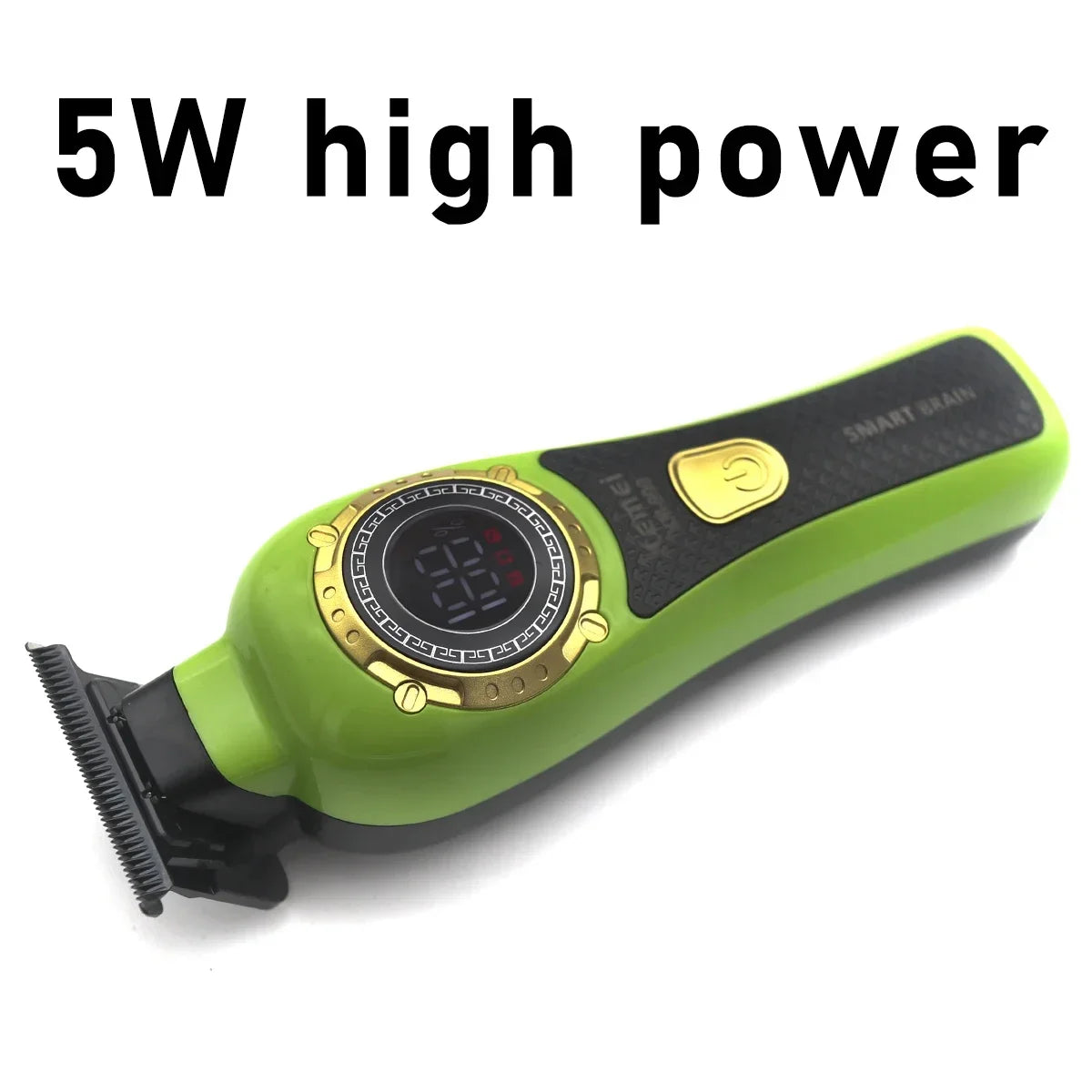 A green cordless hair trimmer with a gold accent and a power rating label visible on the body.