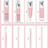 A set of stainless steel nail clippers including flat, slanted, small, and children's clippers.