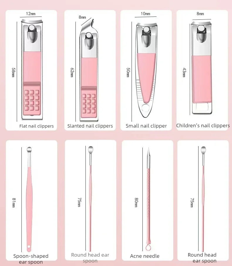 A set of stainless steel nail clippers including flat, slanted, small, and children's clippers.