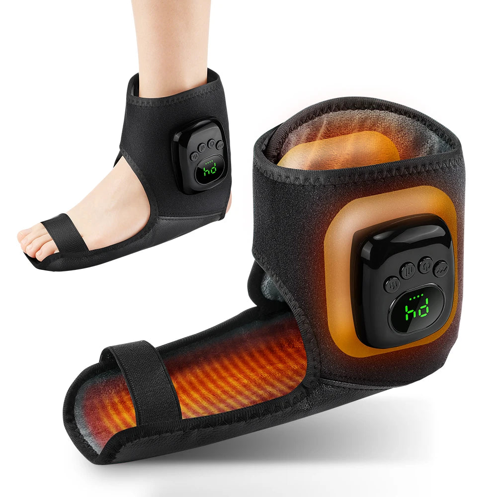 A black cordless heated foot and ankle massager with air compression is shown on a person's foot.