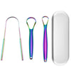 A set of stainless steel U-shaped tongue scrapers in various iridescent colors and a white storage case.