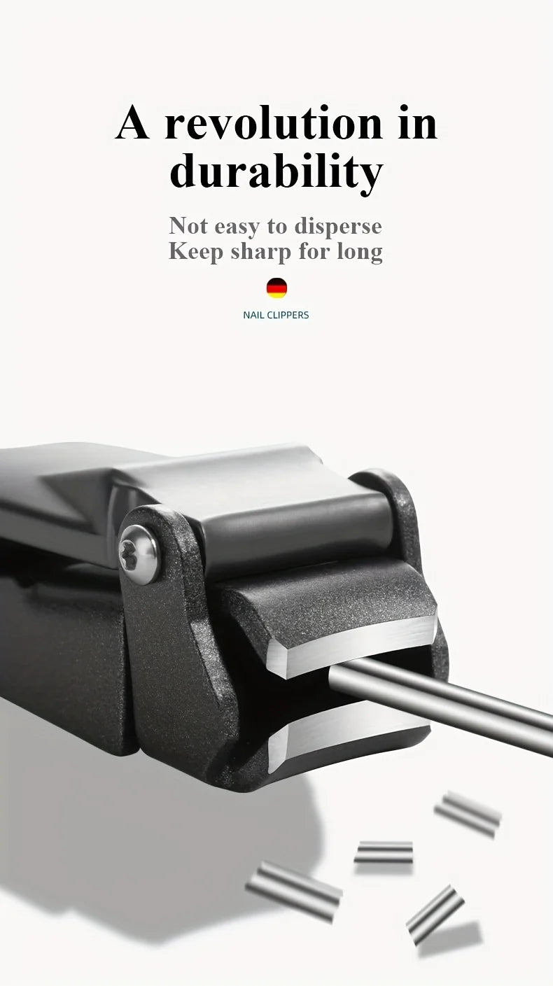 A close-up view of a black heavy duty self-collecting nail clippers with a silver blade, showing the mechanism.