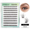 A clear container of Vyrila self-adhesive cluster lashes showing various lash lengths and a close-up of applied lashes.