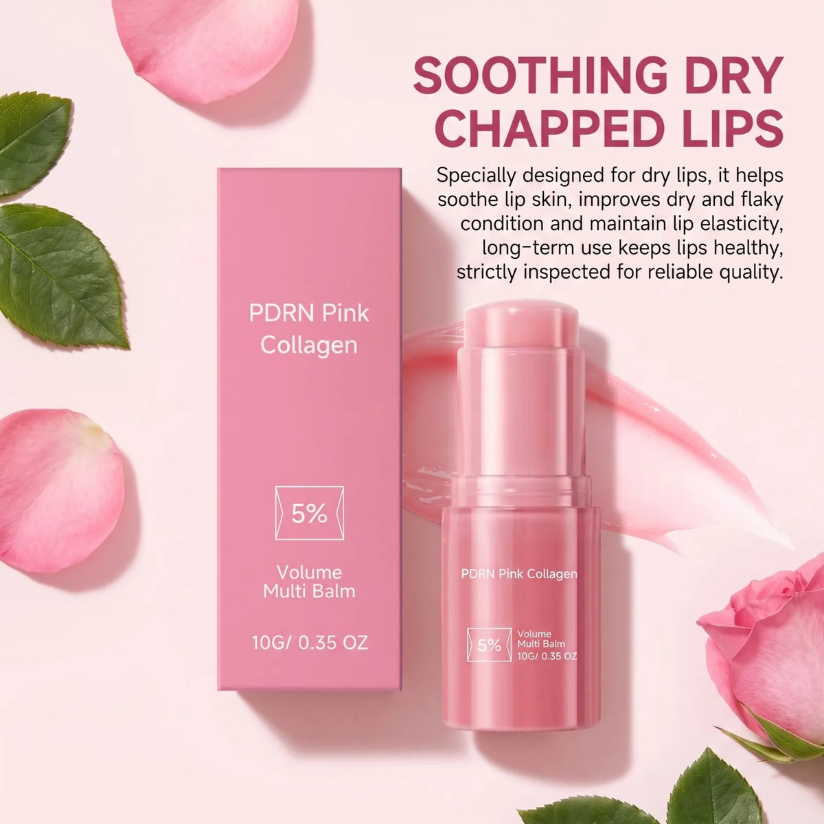 Pinkes Tube PDRN Pink Collagen Volume Multi Balm mit Rosenblättern und grünen Blättern