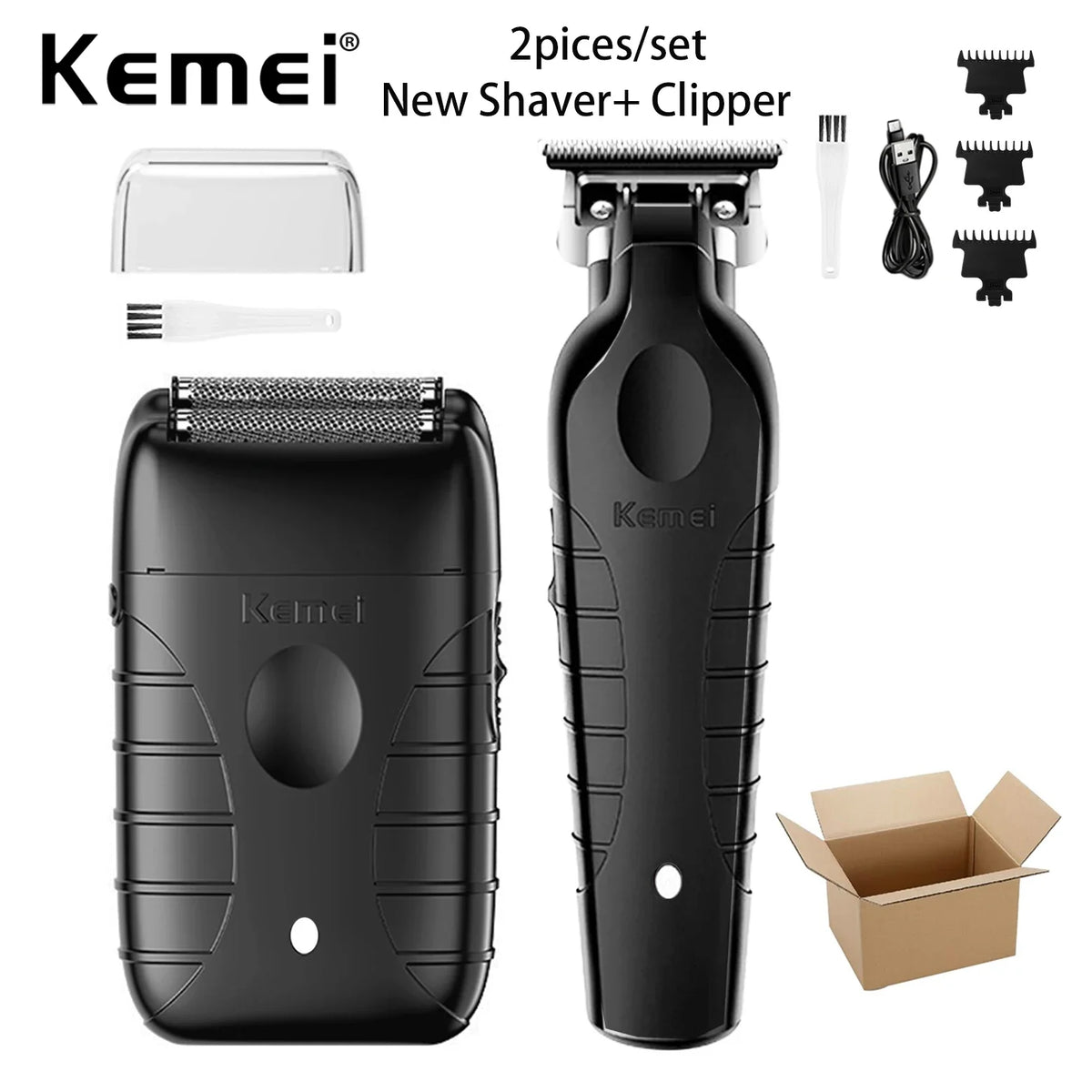 A black Kemei shaver and clipper grooming kit with accessories shown on a white background.