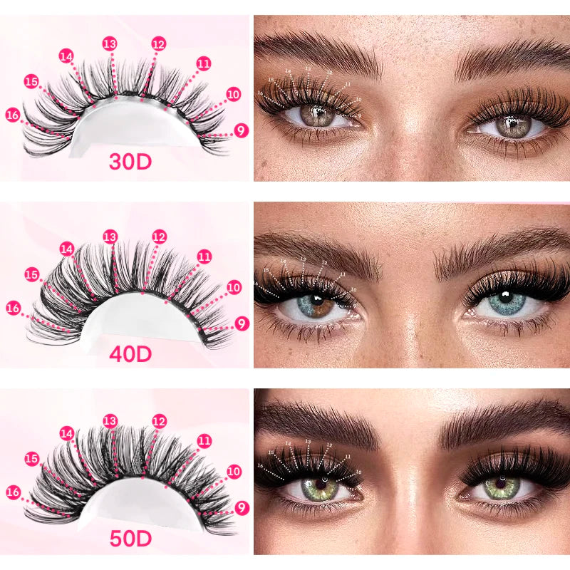 Comparison of lash extensions at 30D, 40D, and 50D on a model's eyes.