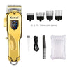 A gold-colored professional rechargeable electric hair clipper with multiple guard attachments and a detachable cord.