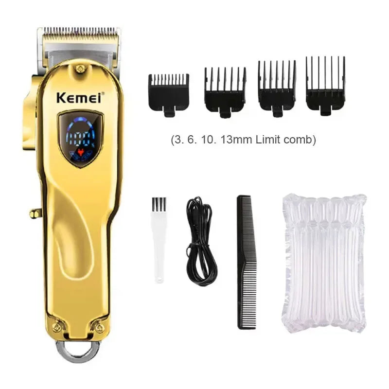 A gold-colored professional rechargeable electric hair clipper with multiple guard attachments and a detachable cord.
